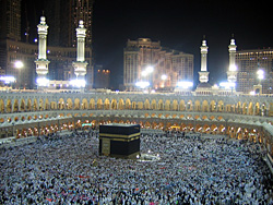 Muslims all around the world face towards the Kaaba (in Makkah, Saudi Arabia) while performing prayers.